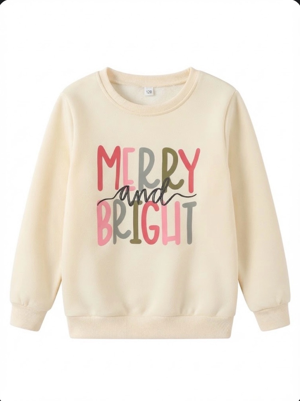 Kids Light Yellow 'Merry and Bright' Graphic Sweatshirt size 120 (6-7)
